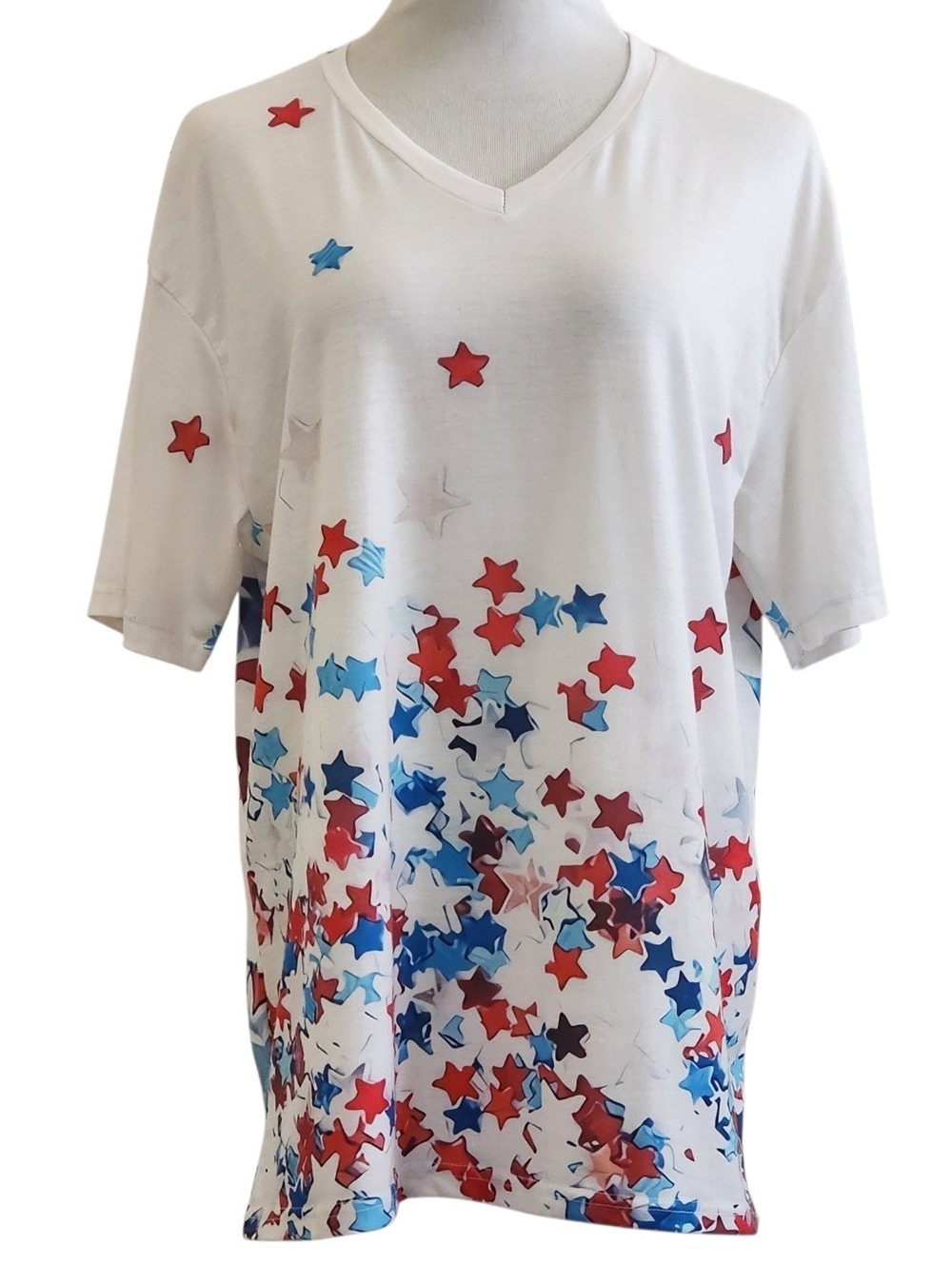 Patriotic white v-neck red white & blue star print soft fabric women’s top - Picture 11 of 11